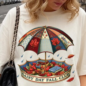 Rainy Day Fall Club PNG, Patchwork Autumn Umbrella, Cozy Rainy Season Illustration Digital Download