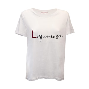 Camiseta feminina LIQUOROSA feita à mão em 100% algodão orgânico com bordado. Feito na ITÁLIA