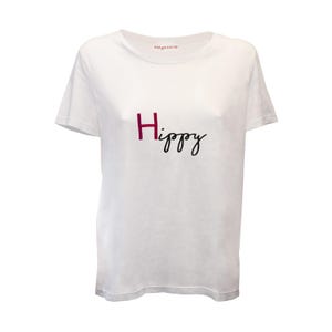 Camiseta feminina HIPPY feita à mão em 100% algodão orgânico com bordado. Feito na ITÁLIA