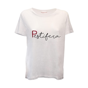 PESTIFERA NEW SS25 Camiseta de mujer confeccionada artesanalmente en 100% algodón orgánico con bordado. Hecho en Italia