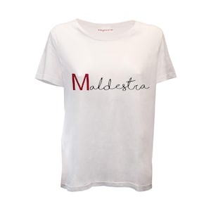 MALDESTRA NEW SS25 Camiseta de mujer confeccionada artesanalmente en 100% algodón orgánico con bordado. Hecho en Italia