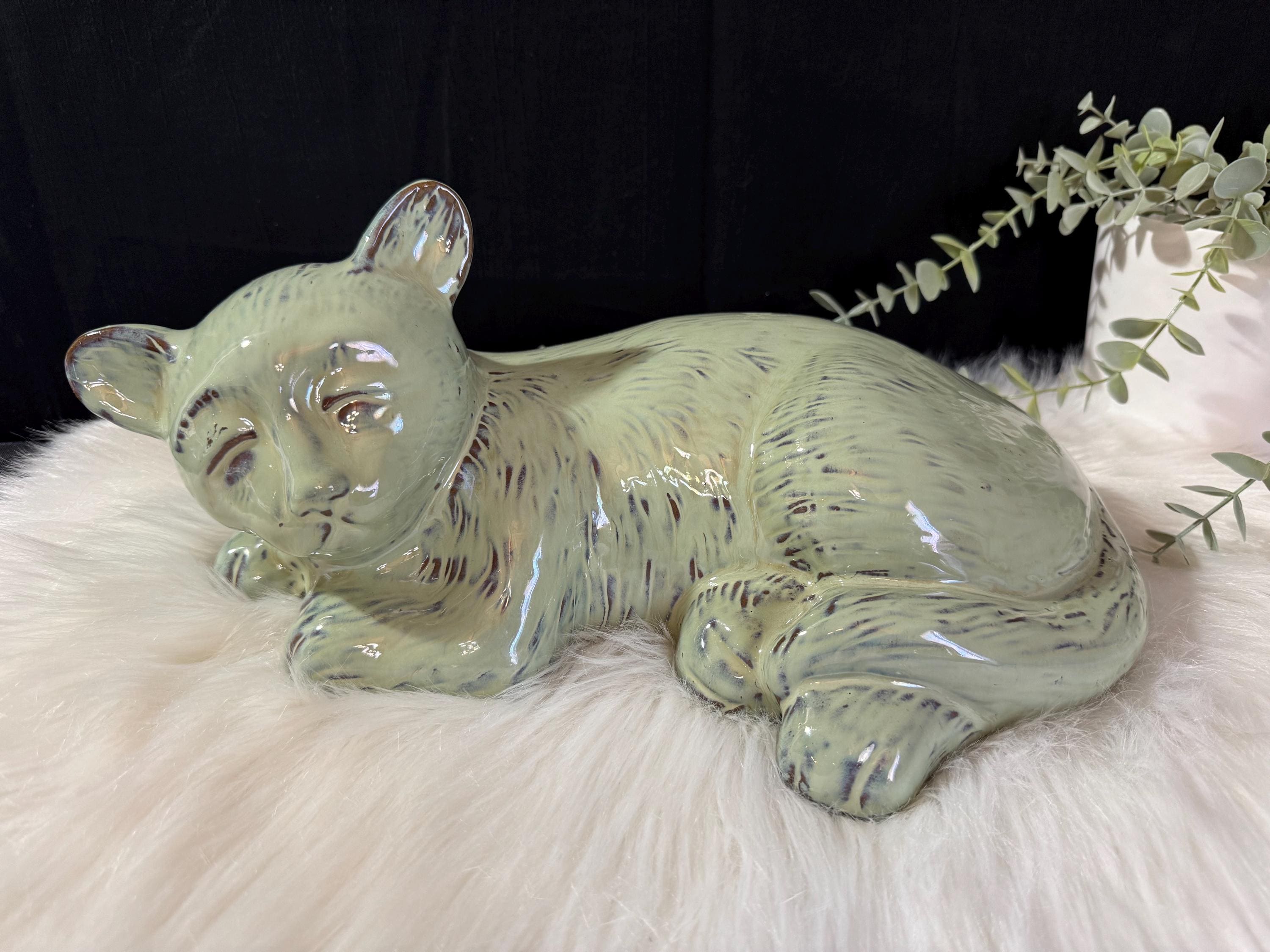 Vintage Sleeping Cat Figurine: Sage Green Glazed Ceramic Kitten