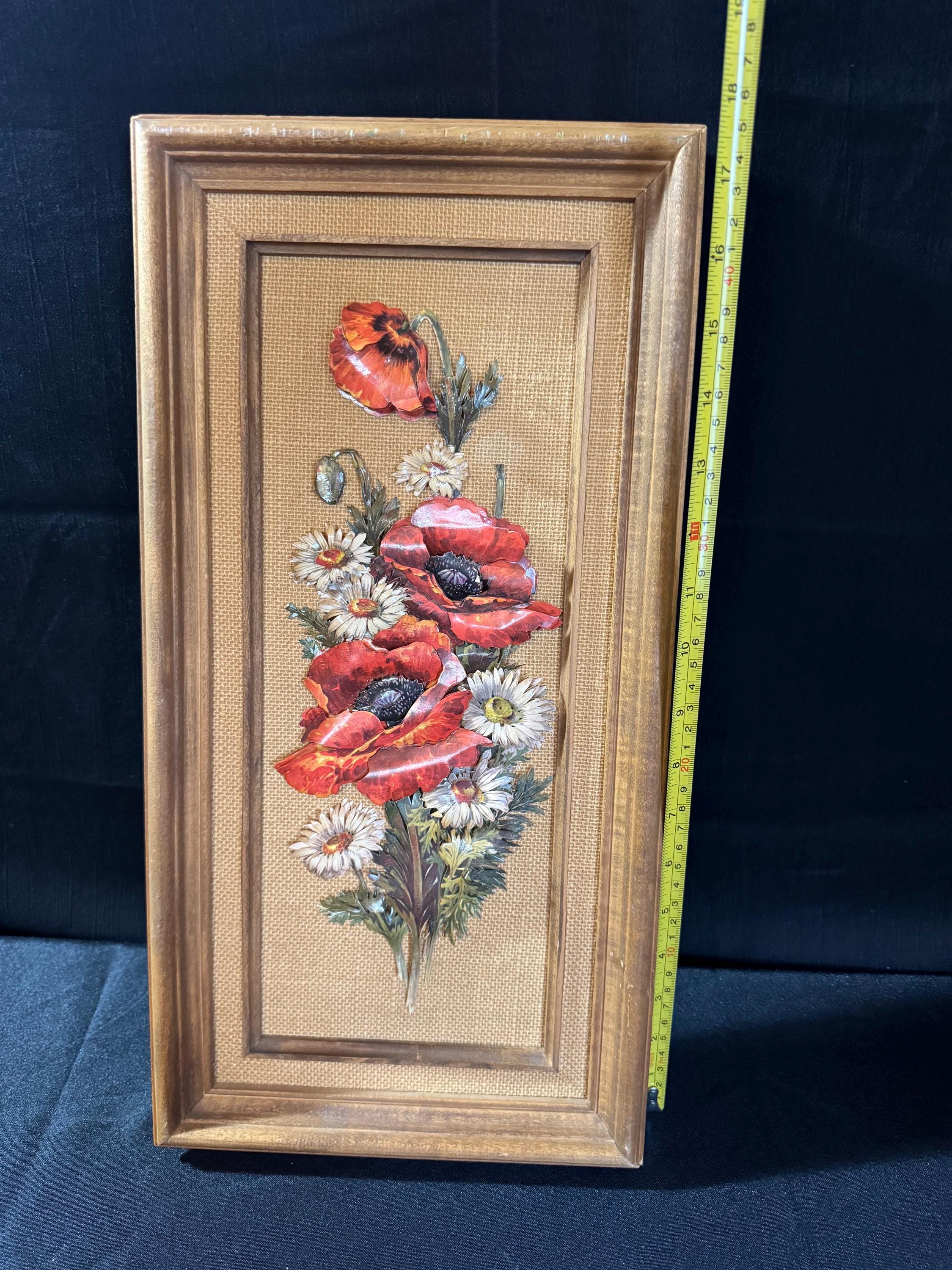 Vintage 3D Floral Wall Art - Paper Poppies & Daisies on Burlap