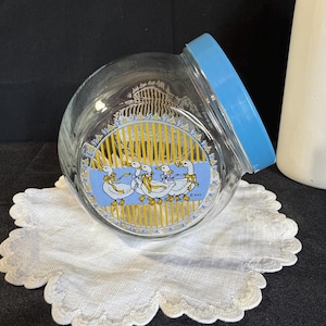 Adorable Vintage Glass Cookie Jar with Ducks and Blue Lid - Retro Kitchen Decor, Storage Container