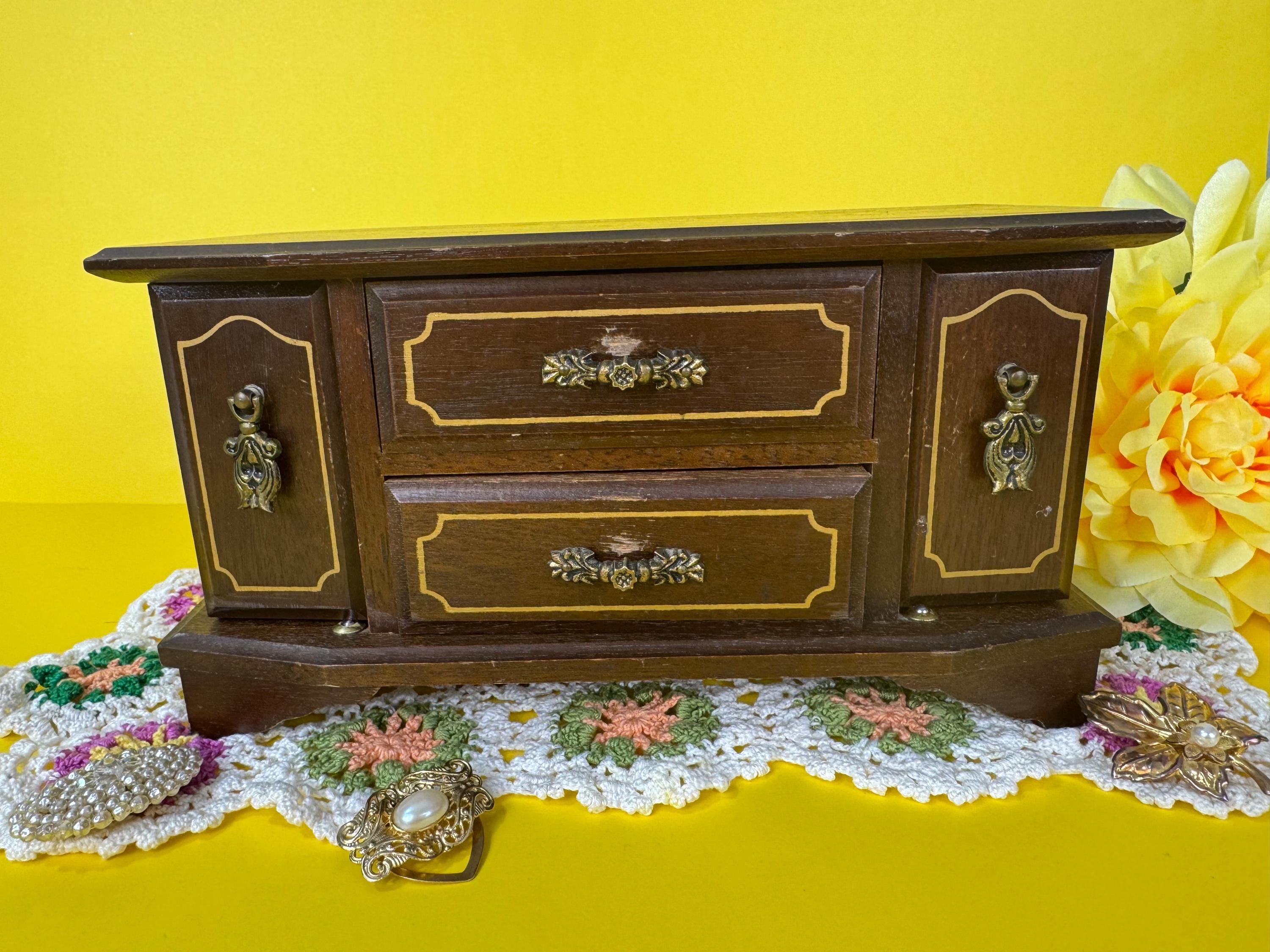 Vintage Japanese Jewelry Box | Brown Wood, Gold Trim & Mustard