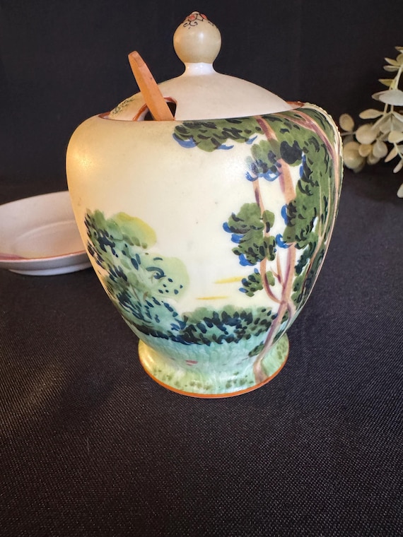 Vintage Noritake Hand-painted Honey Pot: Japanese Landscape Design