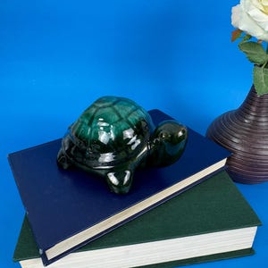 May include: A dark green ceramic turtle ornament sits on two books. The top book is navy blue, the bottom is dark green. A white rose in a brown vase is in the background. The background is a bright blue.
