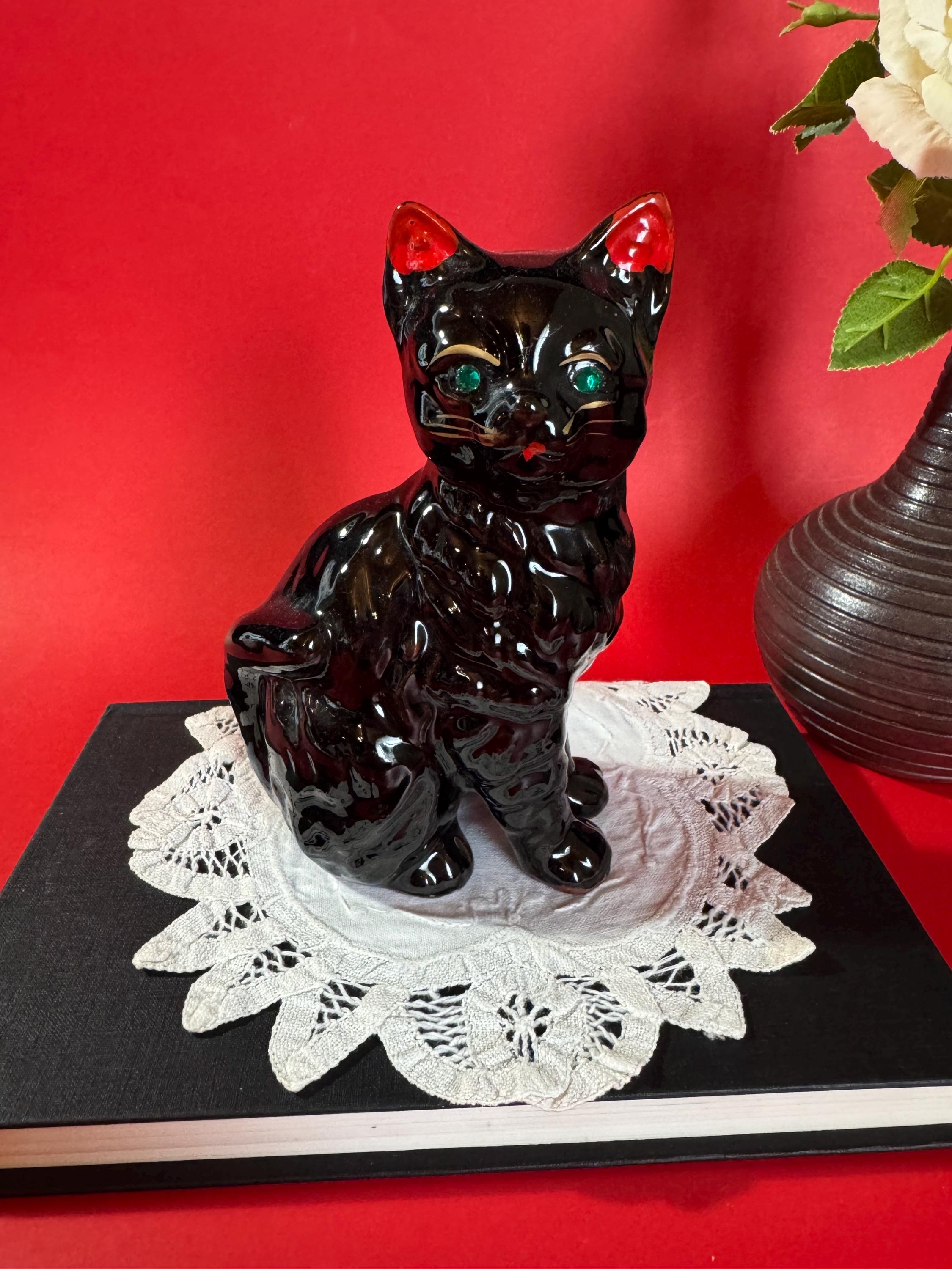Vintage Black Cat Figurine, Green Eyes & Orange Ears, Made in