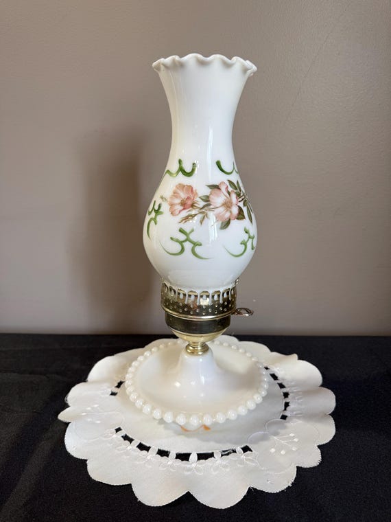 Vintage Milk Glass Table Lamp, Hand-painted Floral Kerosene Style