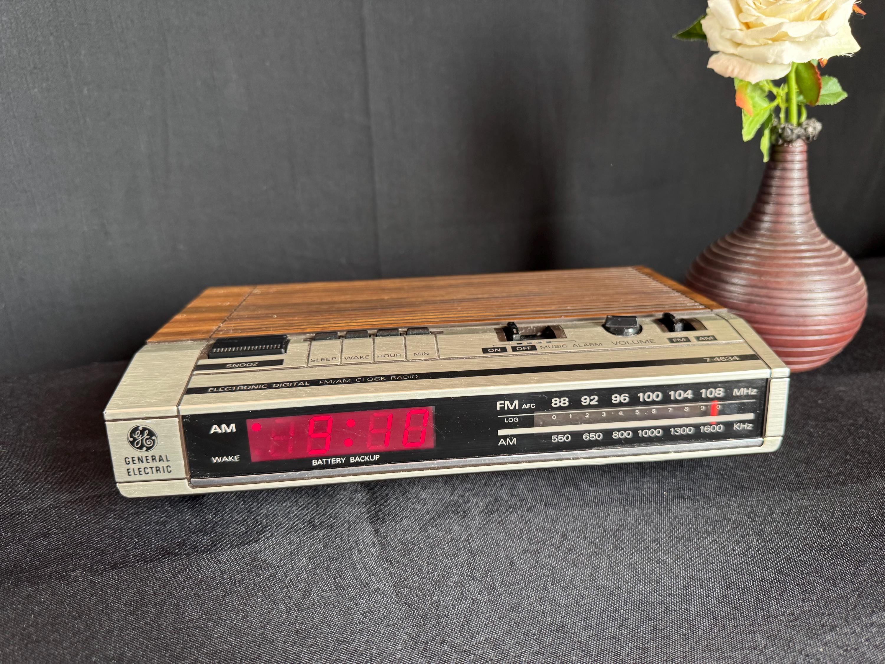 Vintage General Electric Alarm Clock Radio: 1970s Retro Wood Grain