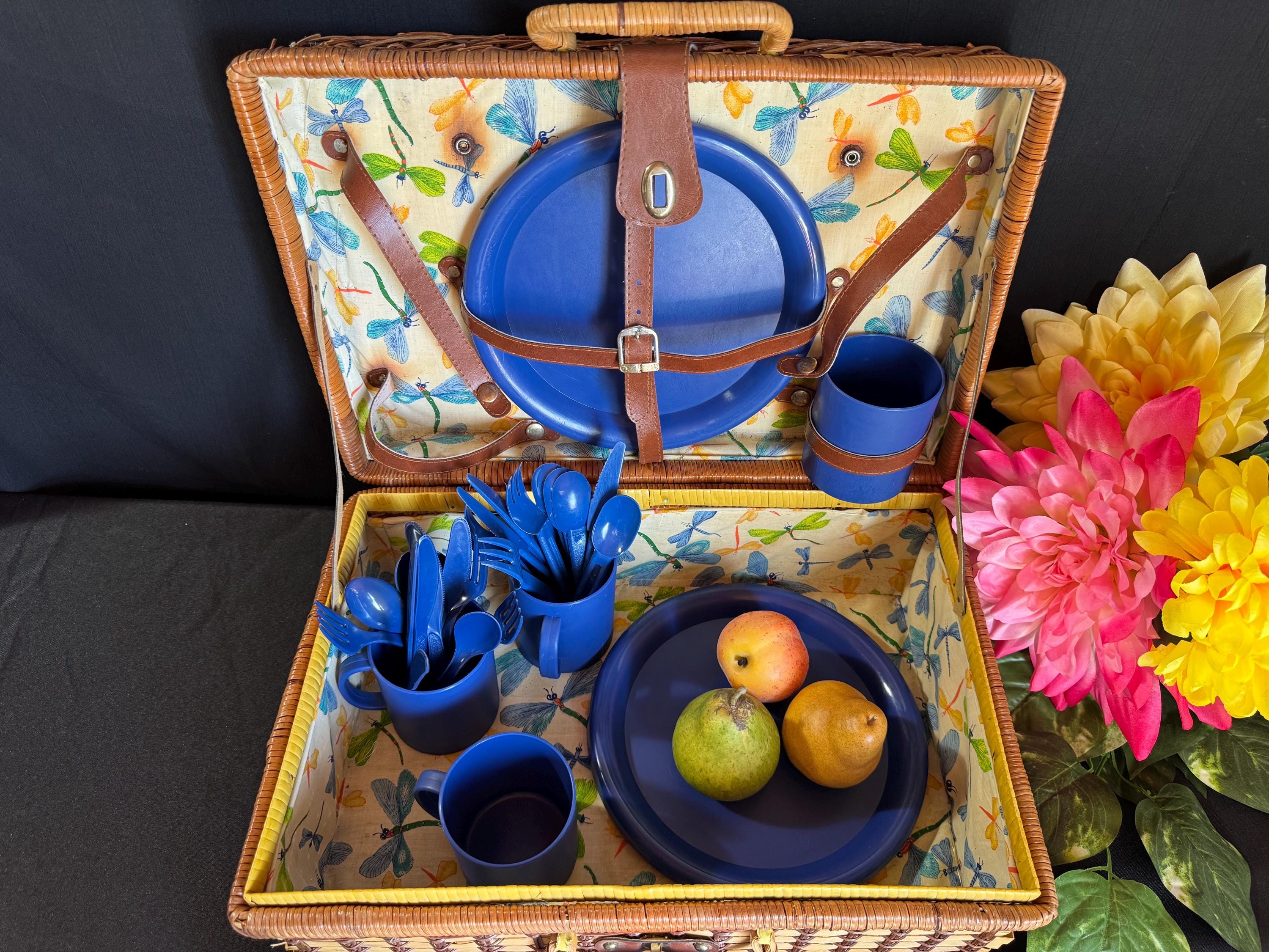 Vintage Wicker Picnic Basket With Complete Blue Dragonfly Dishware