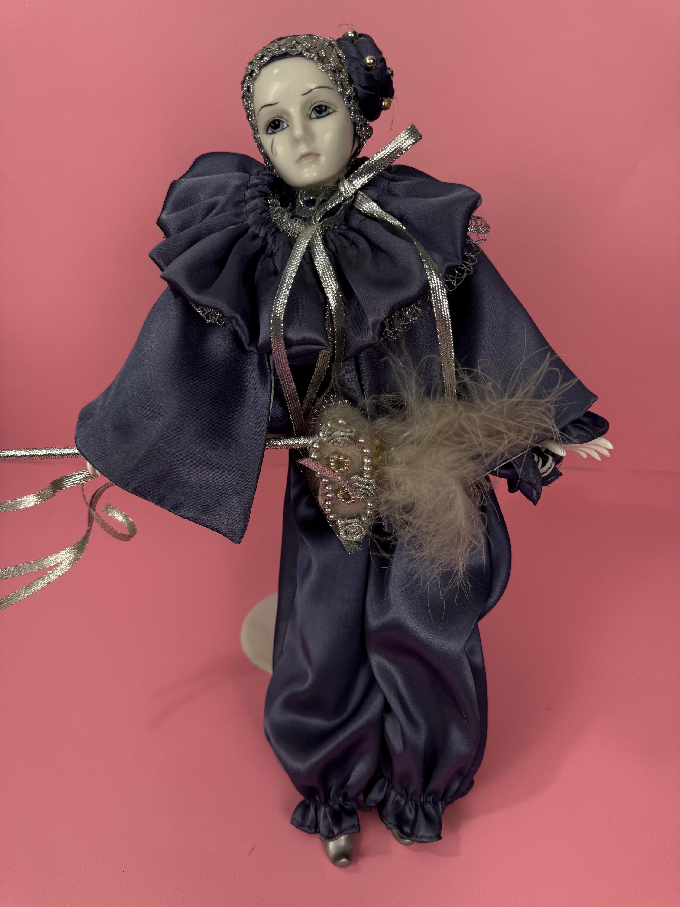 Magnificent Porcelain Pierrot Clown Collector Doll - Baroque Gold