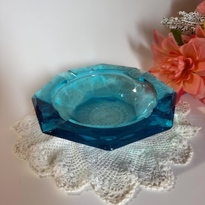 Vintage Turquoise Blue Glass Ashtray - Art Deco Hexagonal - Retro Home Decor Gift Idea