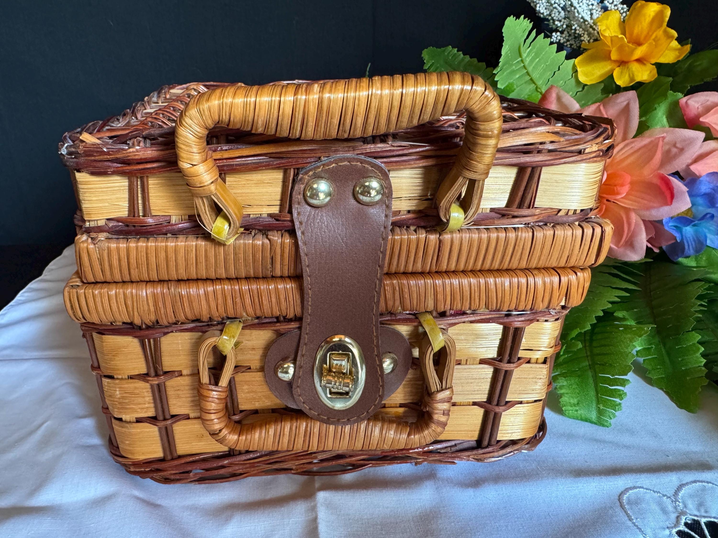 Vintage Wicker Picnic Basket: Red Checkered Lining, Complete