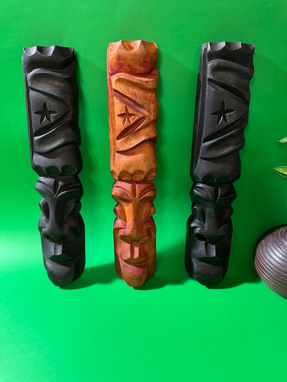 Hand-Carved Wooden Tiki Sculpture - Authentic Polynesian Art for Wall Decor or Shelf Display