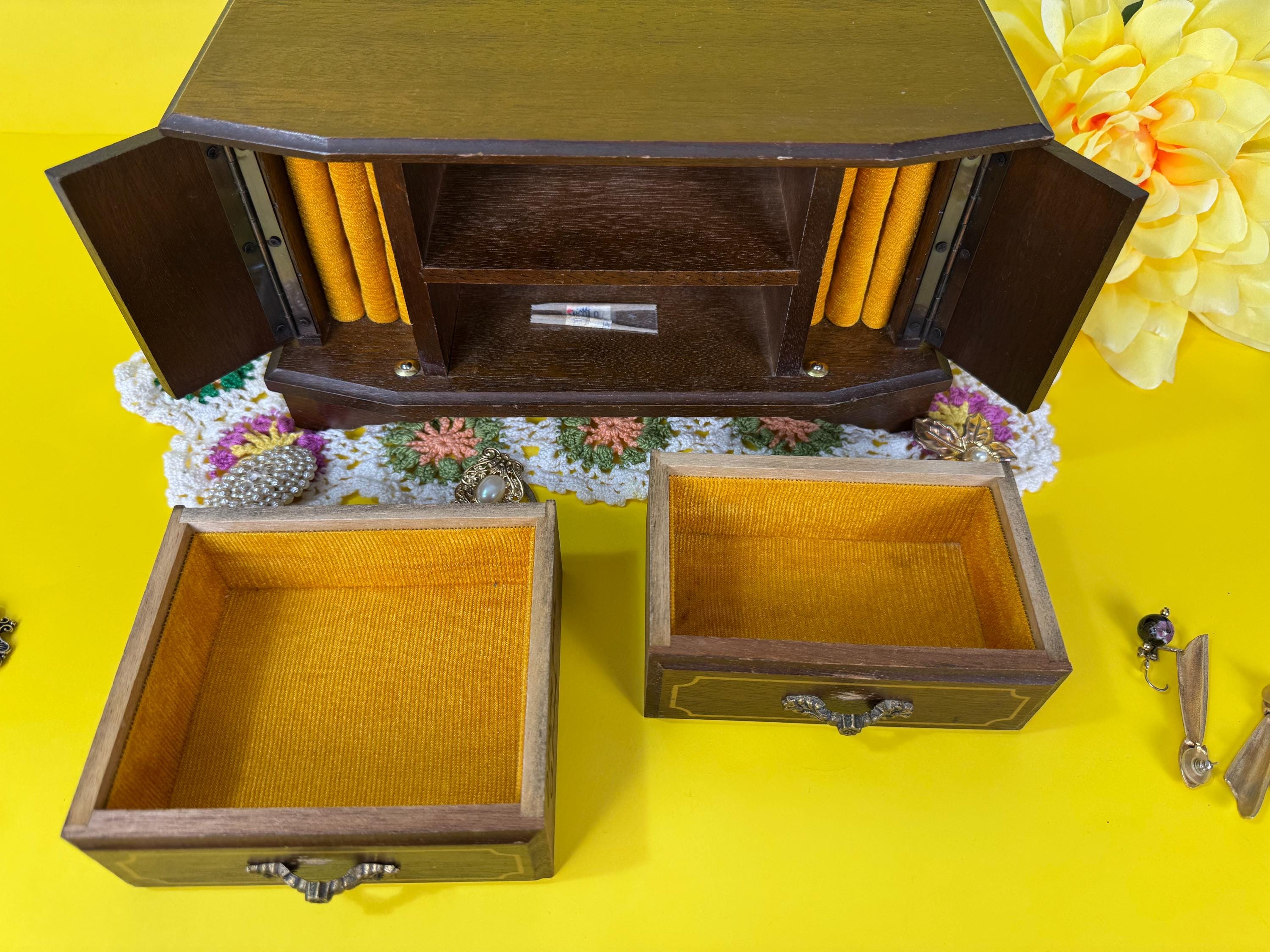 Vintage Japanese Jewelry Box | Brown Wood, Gold Trim & Mustard