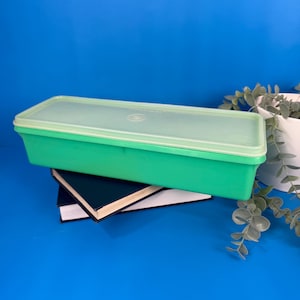 May include: A rectangular, green plastic container with a translucent green lid. The container is resting on two books with dark green covers and white pages. The background is a solid blue.
