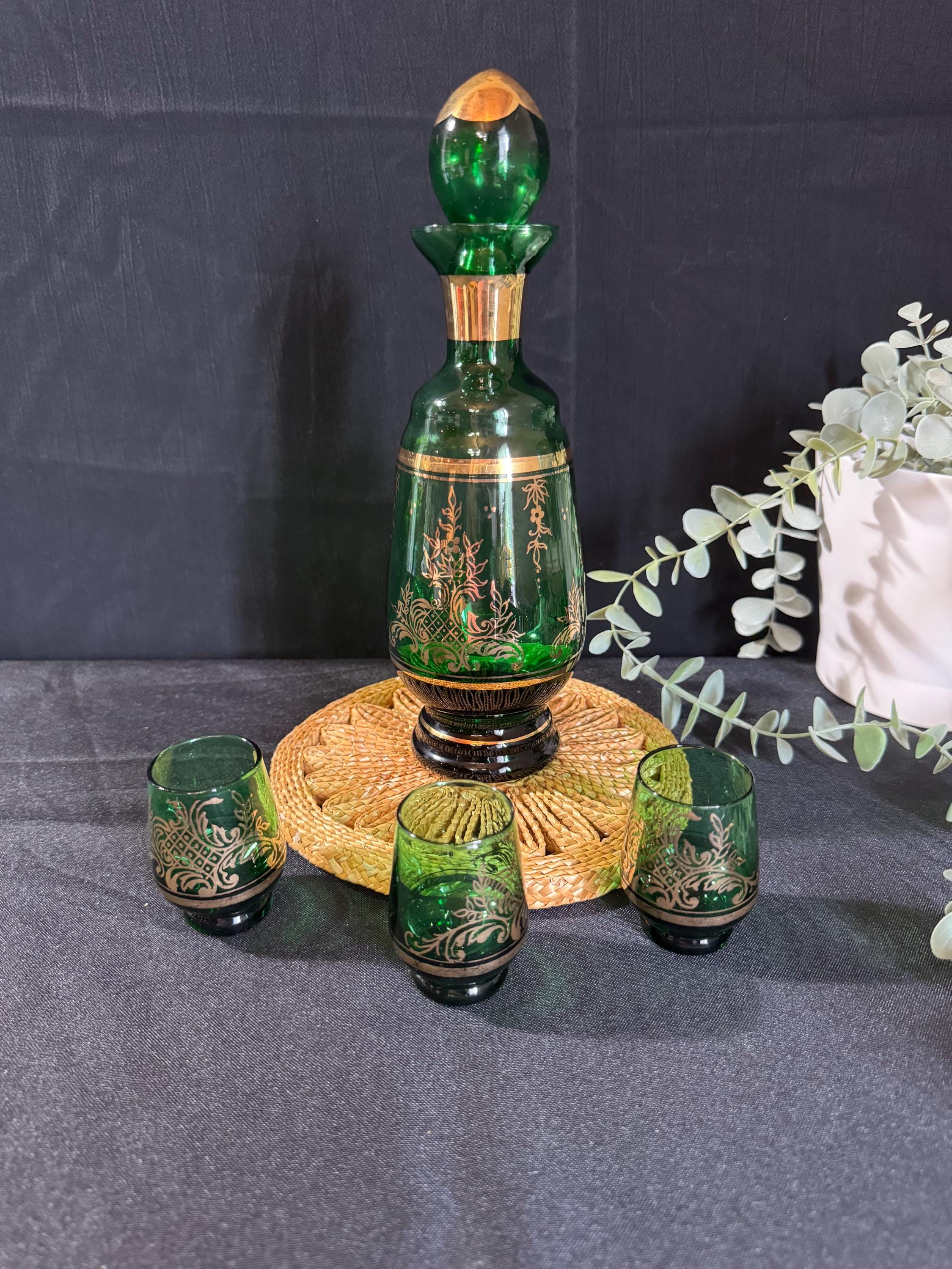 Vintage Emerald Green Glass Decanter Set With Gold Gilding