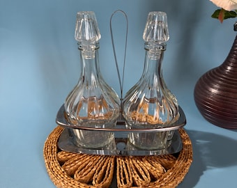 Vintage Hand-Crafted Glass Cruet Set with Metal Carrier