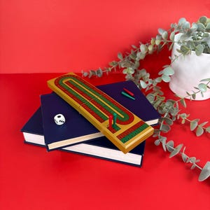 May include: A wooden cribbage board with red, green, and yellow tracks, two pegs, and a die, resting on two navy blue books. The board game is set against a vibrant red background, with a white potted plant and greenery in the background.