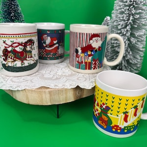Vintage Christmas Mugs - Set of 4 Retro Ceramic Coffee Cups (Sold Individually)