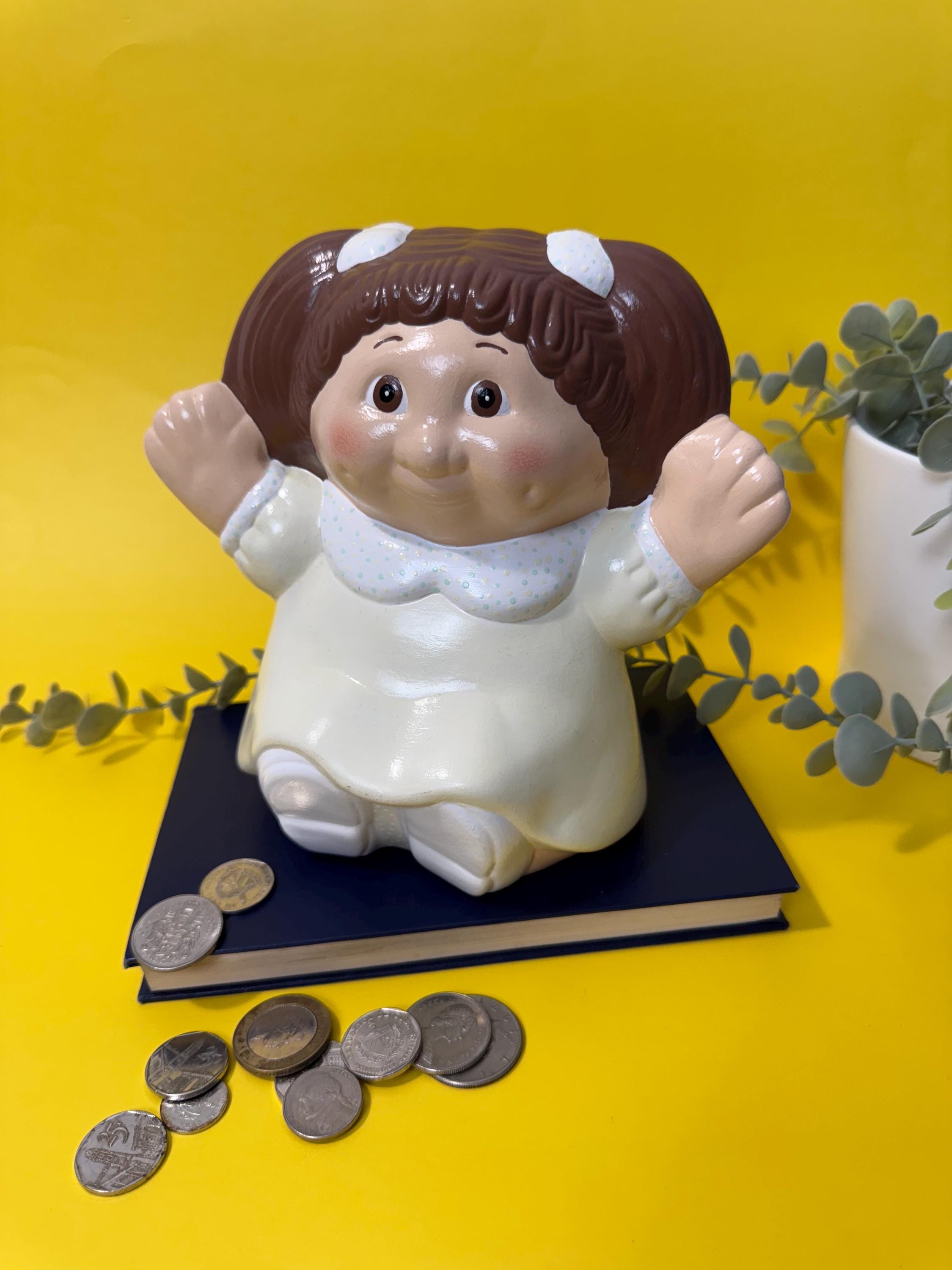Vintage Cabbage Patch Kid Style Ceramic Piggy Bank - Hand-painted