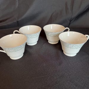 Set of 4 Vintage White Porcelain Teacups with Delicate Silver Pattern - Made in Japan - Levco - Fine China
