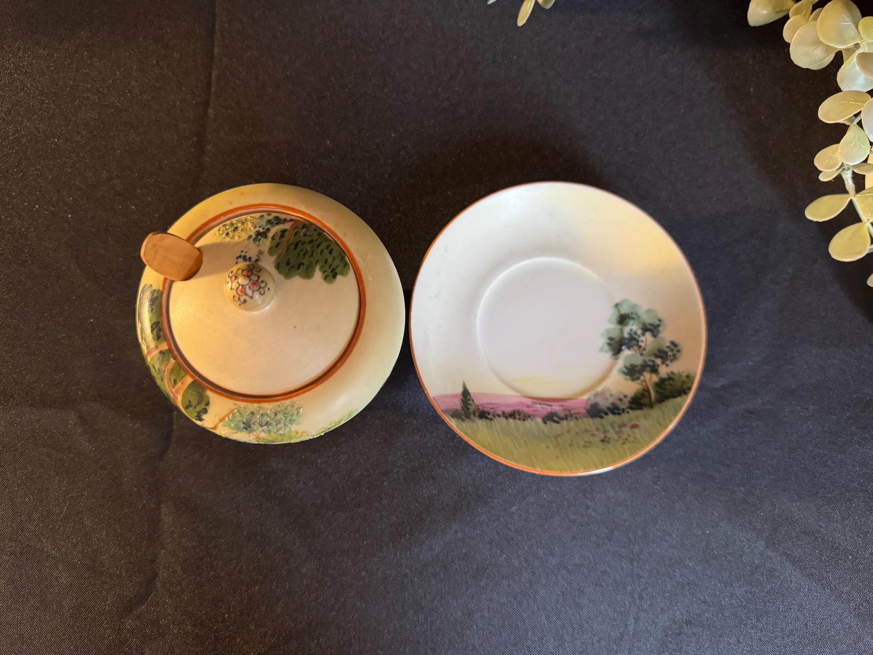 Vintage Noritake Hand-painted Honey Pot: Japanese Landscape Design