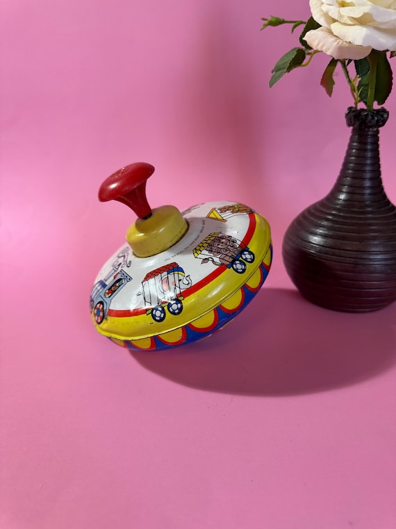 Vintage Tin Litho Push Spinning Top - Retro Circus Animal Theme - Etsy