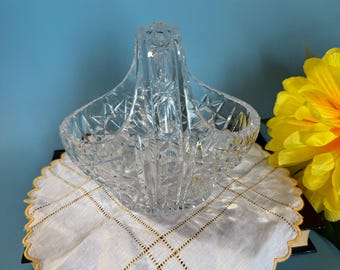 May include: A clear, cut-glass basket with a handle, resting on a white, scalloped-edge doily with yellow trim. The basket has a starburst pattern. A yellow flower is in the background against a blue backdrop.