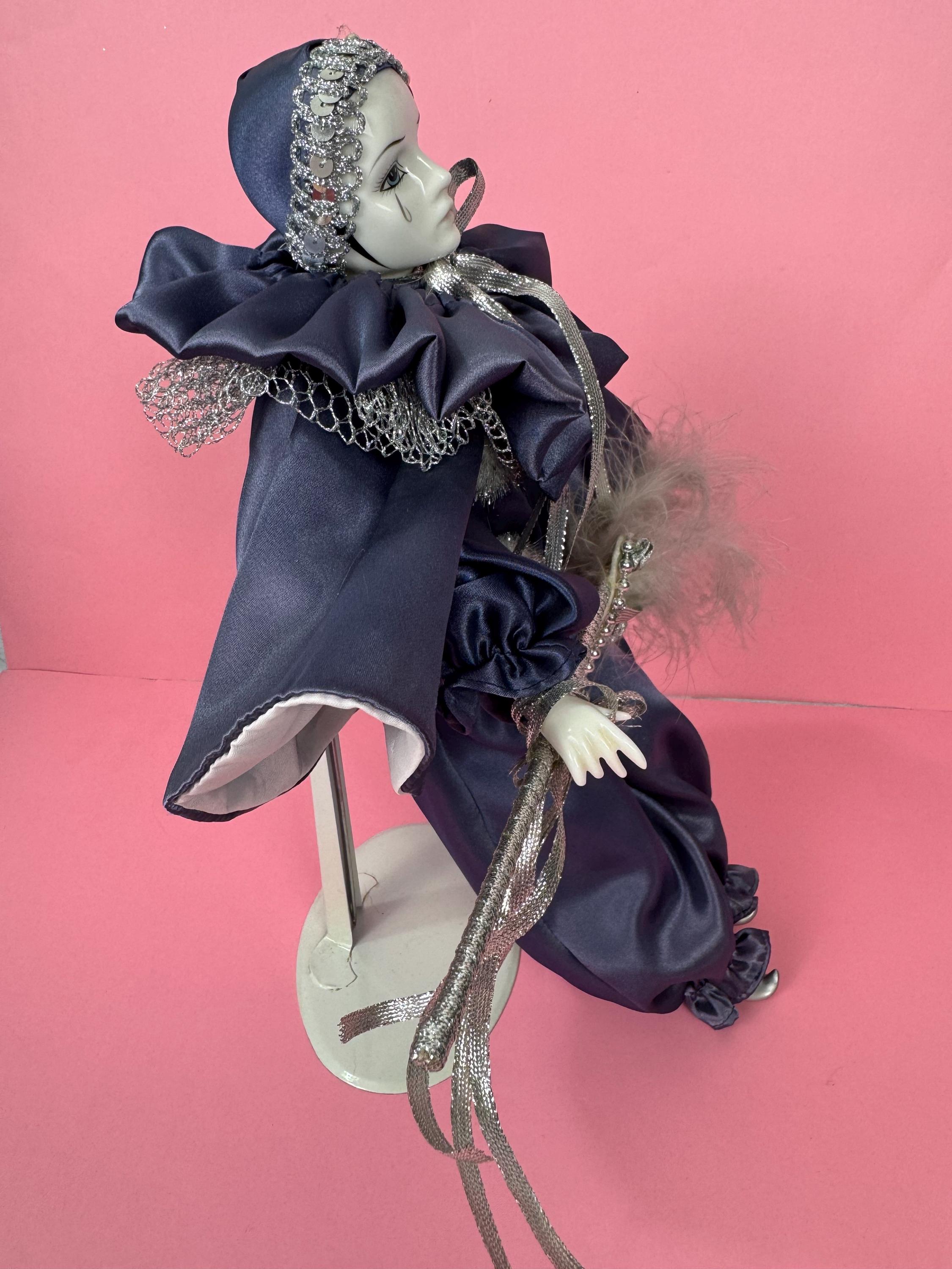 Magnificent Porcelain Pierrot Clown Collector Doll - Baroque Gold