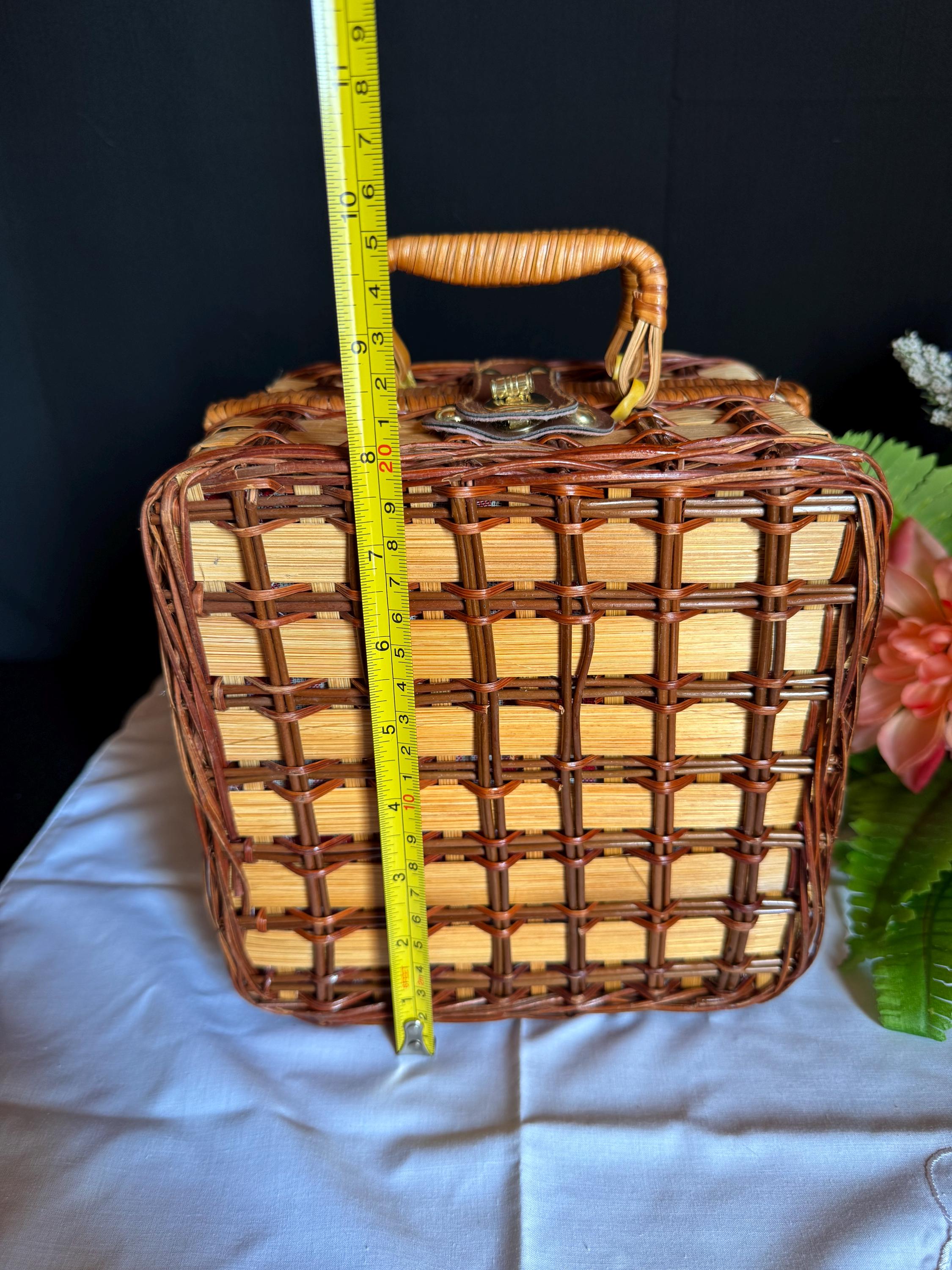 Vintage Wicker Picnic Basket: Red Checkered Lining, Complete