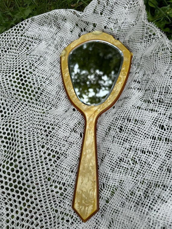 Vintage Amber Bakelite Handheld Mirror: 1920s Retro Vanity Decor