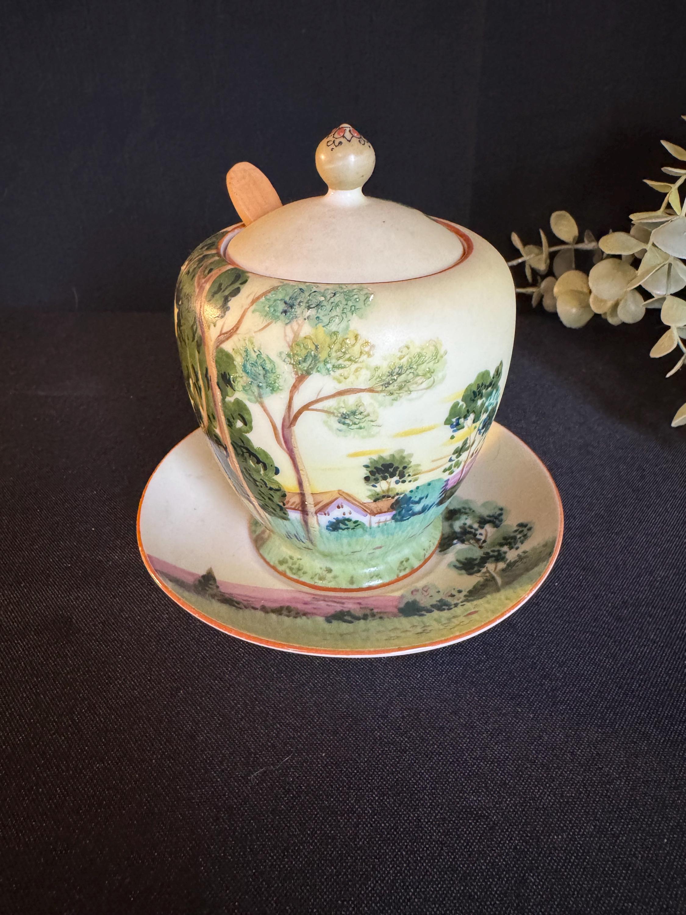 Vintage Noritake Hand-painted Honey Pot: Japanese Landscape Design