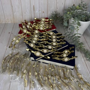 May include: A selection of gold-coloured cabinet pulls, each featuring an oval, off-white central stone. Some are arranged on red and blue books, others are individually packaged in clear plastic. A decorative plant is in the background.