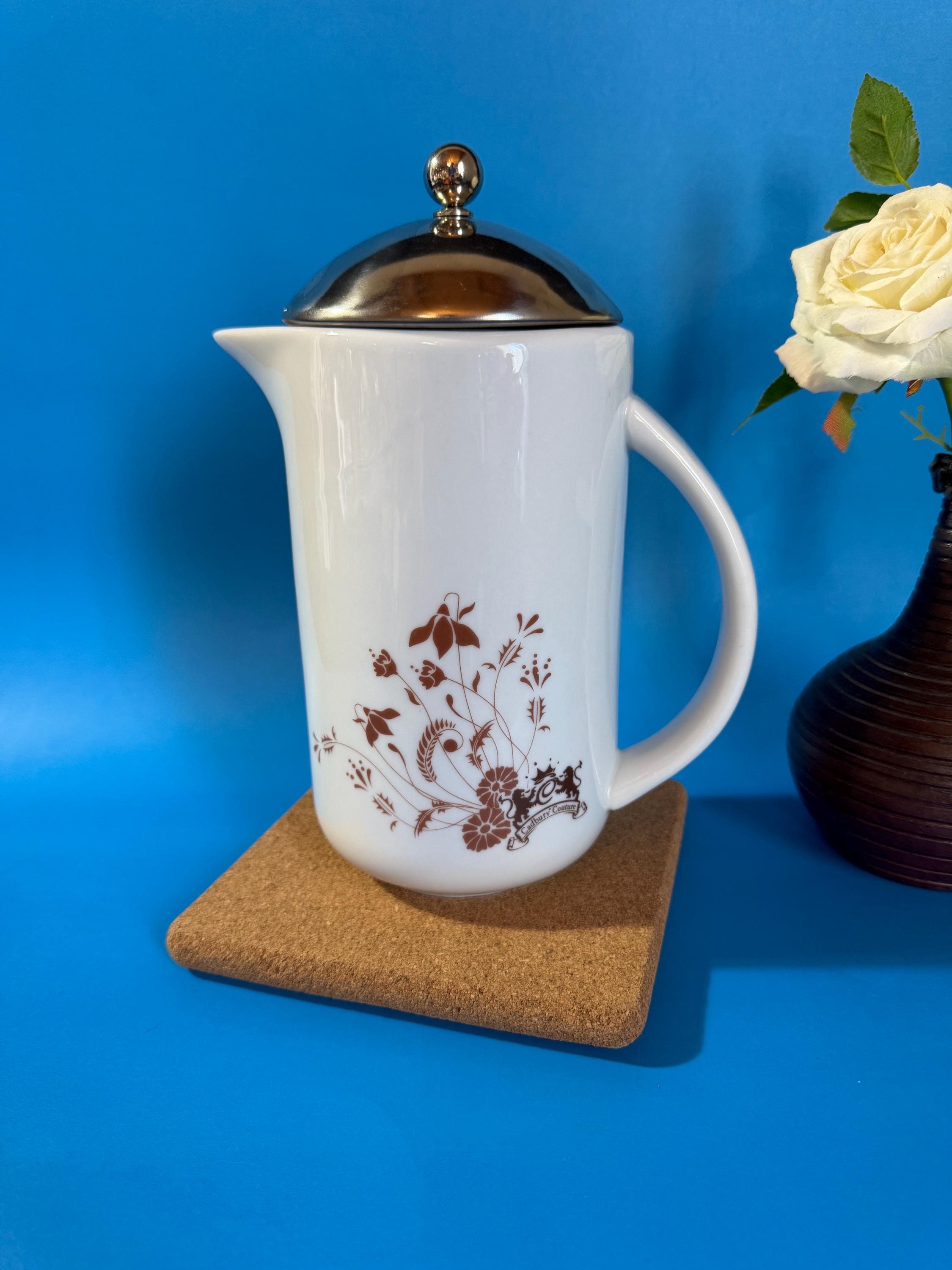 Vintage Cadbury French Press: Retro Brown Floral Ceramic Coffee