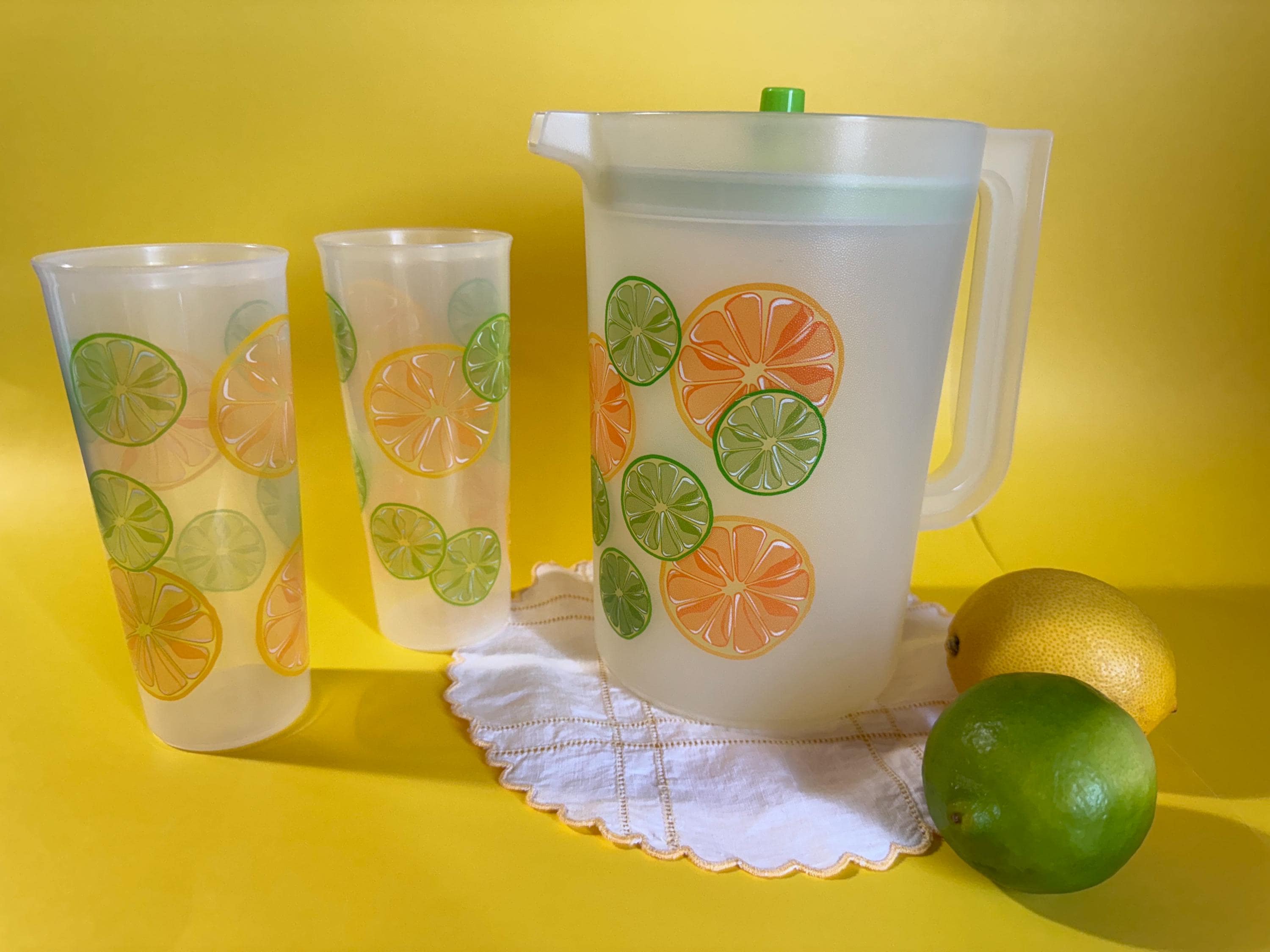 Vintage Tupperware Pitcher and Tumbler Set - Citrus Design (lemon
