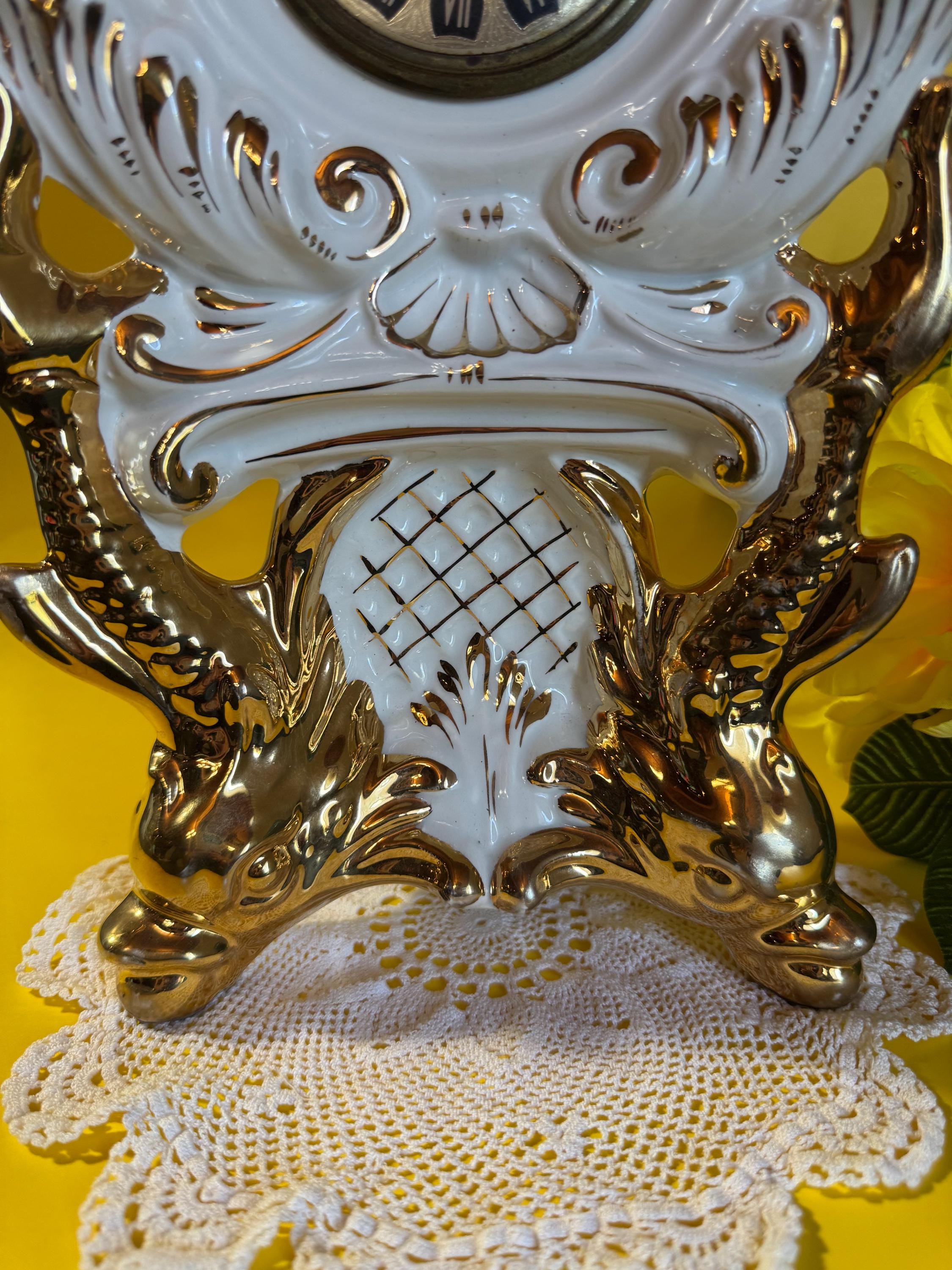 Vintage Italian Rococo Style Porcelain Clock, White and Gold