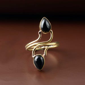 Adjustable Gold Brass Black Onyx Teardrop Ring, Statement Gemstone Ring, Handmade Boho Jewelry, Unique Wrap Ring for Women