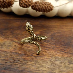May include: A brass-toned snake ring featuring intricate scale detailing and a coiled form. The snake's head is raised, and the ring wraps around the finger. The ring is displayed on a wooden surface.