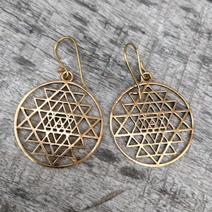 Sri Yantra Drop Earrings, Golden Statement Earrings, Tribal Boho Style Geometric Earrings, Sacred Geometry Earrings, Earrings For Women