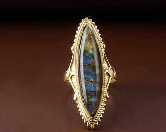 Labradorite Marquise Gold Brass Ring, Boho Statement Ring for Women, Handmade Vintage-Style Long Gemstone Ring, Spiritual Jewelry Gift