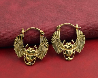 Scarab Hoop Örhängen, Egyptiska Guldmässingsmycken