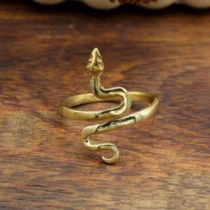 Könnte beinhalten: Ein goldfarbener Ring in Form einer Schlange. Der Kopf der Schlange ist erhoben, und der Körper windet sich um den Finger. Der Ring besteht aus einem glänzenden, metallischen Material und befindet sich auf einem Holzgrund.