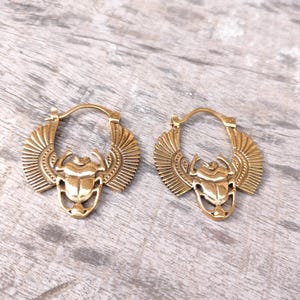 Brass Scarab Hoop Earrings, Egyptian Beetle Earrings with Wings, Sacred Jewelry for Goddesses, Insect Bug Statement Earrings, Egyptian
