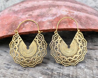 Boho Tribal Hoop Earrings Gold Brass Statement Jewelry Handmade Festival Gift For Women