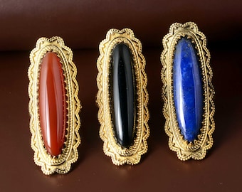 Handmade Lapis Lazuli, Carnelian, Black Onyx Brass Rings, Adjustable Gemstone Statement Jewelry