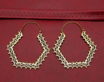Handmade Lotus Flower Big Brass Hoop Earrings, Bohemian Statement Jewelry