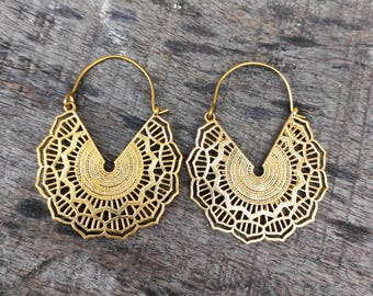 Mandala Creolen, Gold Tribal Ohrringe, Handgemachter Festival Schmuck, Messing Geometrische Creolen, Ethnische Boho Ohrringe