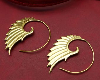 Angel Wings Statement Drop Earrings, Tribal Feather Boho Earrings, Brass Ethnic Earrings, Women Gift for Her